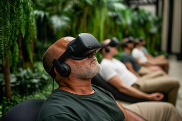 Men experiencing virtual reality in lush green environment