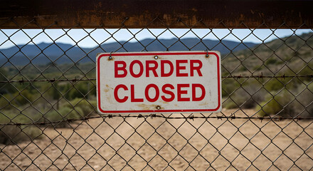 Potrait of grungy border closed warning sign on fence with barbed wire, illegal immigration control and security concept 