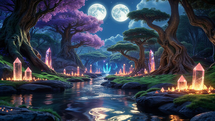 Enchanted forest with glowing crystals and twin moons reflecting in river
