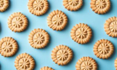 Assorted Round Cookies on Bright Blue Background with Decoration