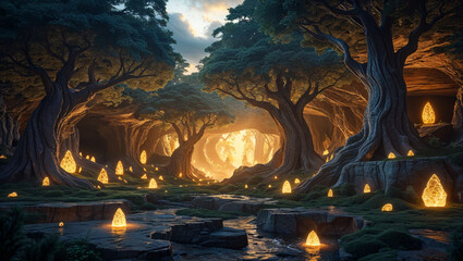 Enchanted forest with glowing crystals magical landscape dreamlike woods scenery