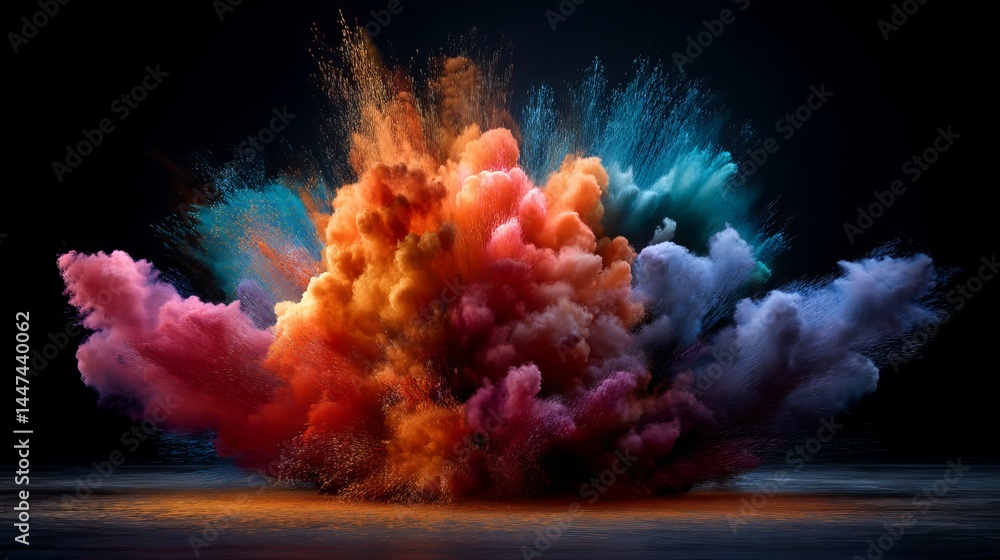 Poster high-resolution dynamic burst of vibrant colored powder colliding on a black background for abstract