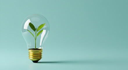 Green Sprout Growing inside a Lightbulb on Light Blue Background Symbolizing Renewable Energy and Environmental Awareness