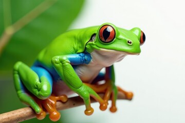 Fototapeta premium Green tree frog perched on white, vibrant skin, studio shot, single, close-up