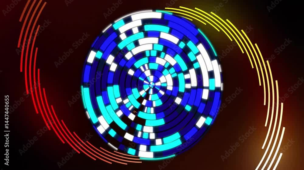 Poster flat design concentric circle pattern spinning over dark gradient backdrop with red and yellow arcs