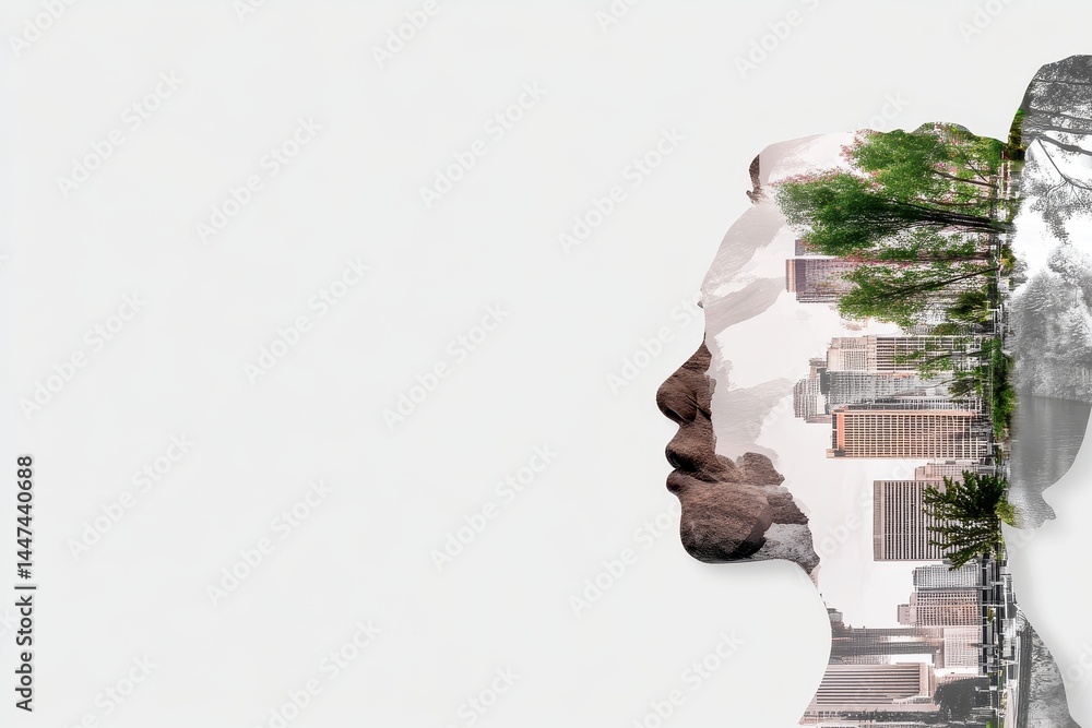 Poster woman's face merging with inner forest landscape in double exposure technique creating a dreamy and 