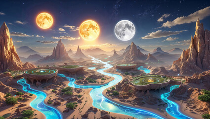 Fantasy desert landscape with multiple moons and rivers of light