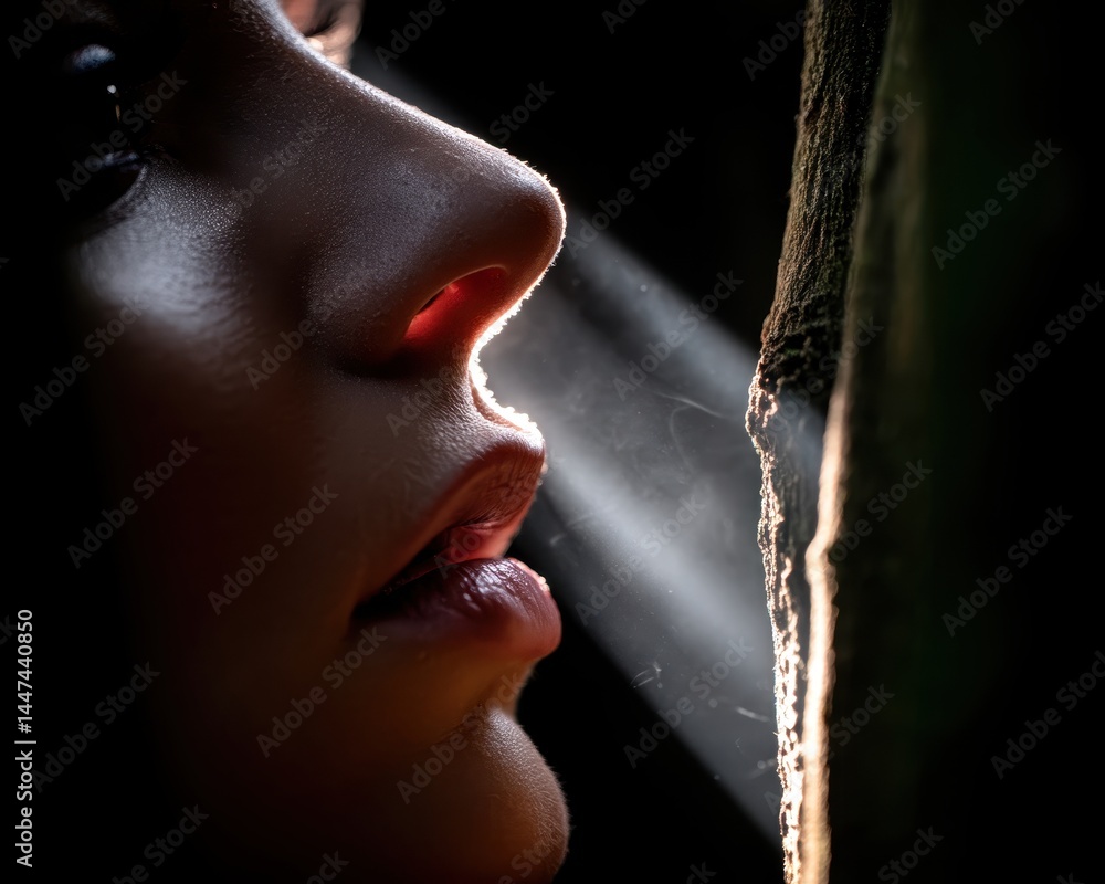 Poster ethereal traveler in inner forest with enchanting double exposure effect illuminated by gentle light