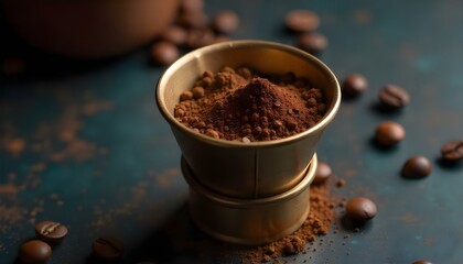 Portafilter filled with fresh ground coffee under dark surface with coffee beans