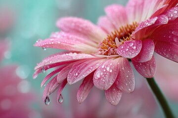 Makroaufnahme einer rosa Bl&uuml;te mit Tautropfen am Morgen

