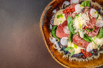 beef steak salad. Beef Sirloin Steak Salad with green vegetables. top view. copy space