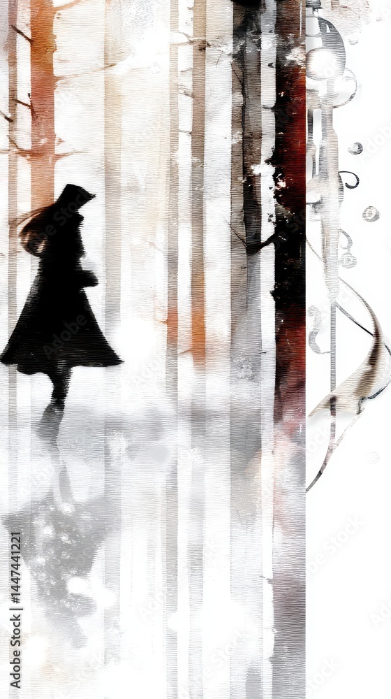 Poster ethereal back view of a figure in a forest with double exposure effect and mystical elements capturi