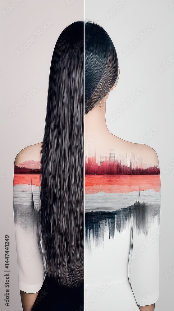Poster ethereal double exposure of a person with a back view merging with artistic forest landscape and nat