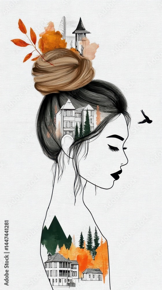 Poster inner forest traveler with double exposure of nature and architecture integrating silhouette art and