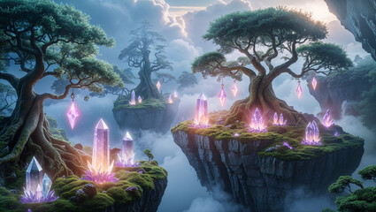 Floating islands with ancient trees and glowing crystals in misty sky