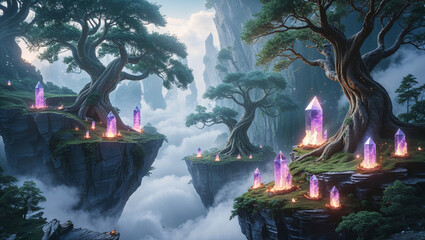Floating islands with glowing crystals and ancient trees mystical landscape