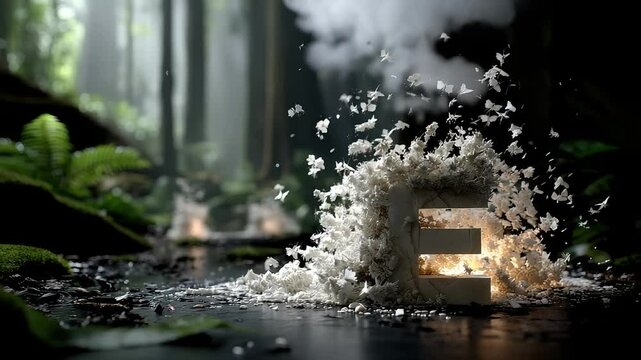 Exploding Letter E with Butterflies in Forest