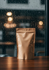 Beige coffee pouch on wooden table, rainy window view