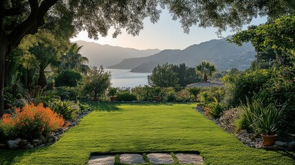 Serene garden overlooking tranquil lake