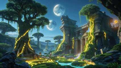 Luminous moonlight illuminating ancient ruins in enchanting forest landscape painting