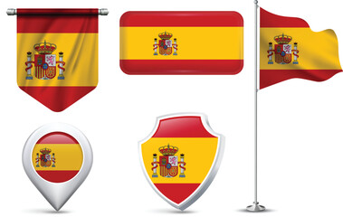Set of Spanish Flags in Different Shapes and Styles