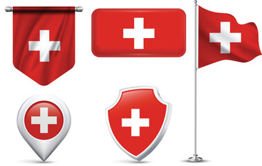 Set of Swiss Flags in Different Shapes and Styles