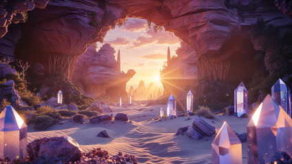 Mystical desert landscape with crystals glowing at sunrise through rock formations