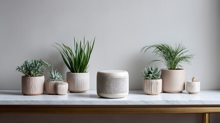 Tranquil harmony smart home meets nature with houseplants and wireless speaker