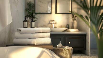 Luxurious bathroom interior with stacked towels, sink, and plants.