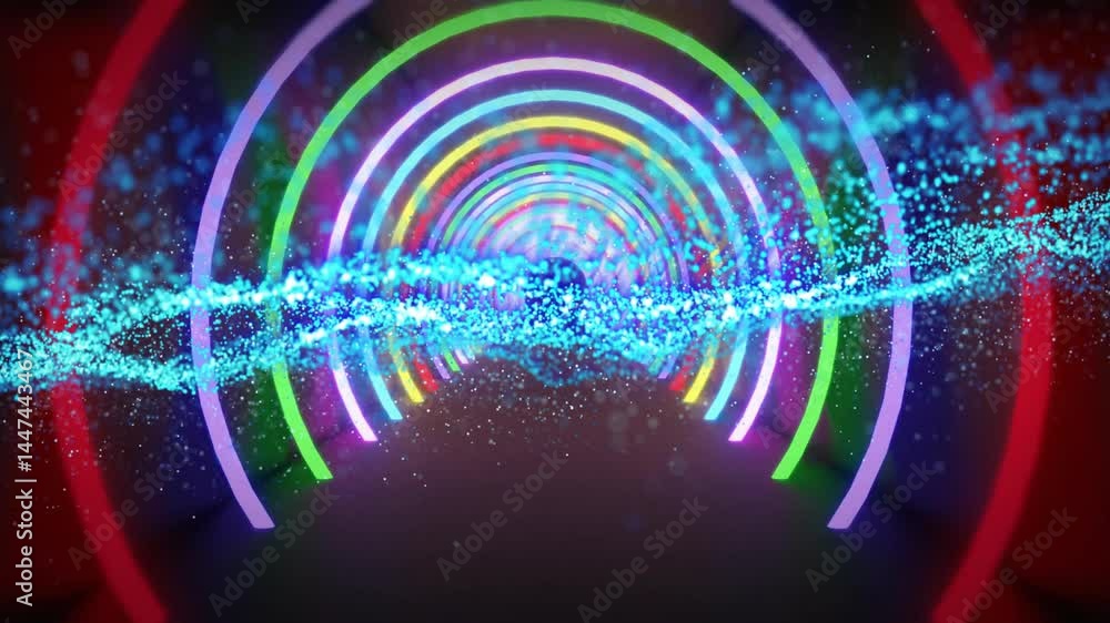 Poster neon arches receding along dark digital tunnel, glowing cyan particles creating dynamic contrast