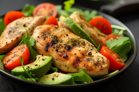 A nutritious meal consisting of grilled chicken and a fresh salad made with tomatoes and avocados