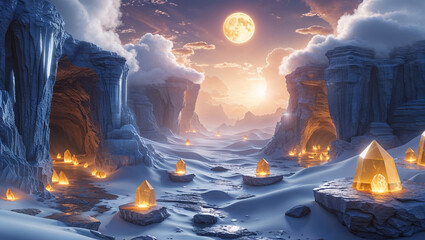 Mystical winter landscape with golden crystals under the moonlight glow