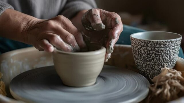 A closeup of hands molding soft clay on a pottery wheel showcasing the calming process of creating soing tangible and artistic through tactile engagement.