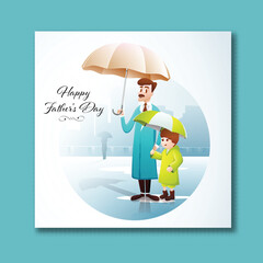 Happy Father's Day Post with Father and Son Holding Umbrella at Rainy Day Illustration.