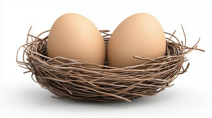 Two Light Brown Eggs in a Twig Nest on White Background