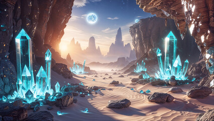 Surreal crystal landscape with desert mountains and celestial sky at sunrise
