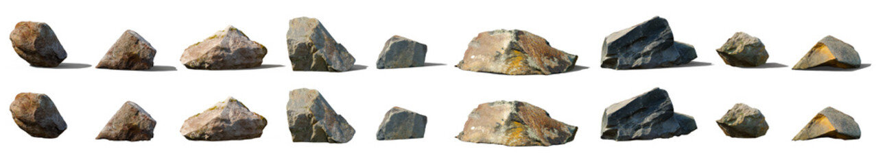 Set of stones isolated png on transparent background premium realistic cutout. With and without a falling shadow