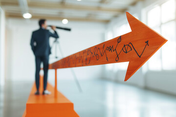 A prosperous entrepreneur gazes ahead through a telescope while standing on an upward pointing arrow, symbolizing accomplishment, triumph, and the advancement of his thriving business