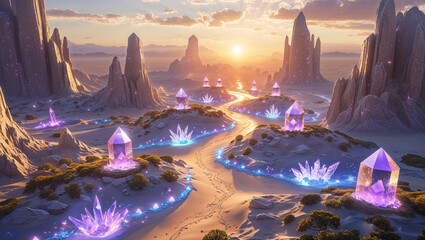Surreal desert landscape with crystalline formations and glowing energy at sunset