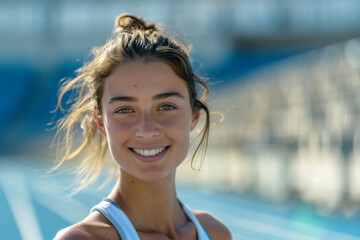 A radiant and confident female athlete with a slim figure showcases her positivity as she strikes a pose at an outdoor stadium, exuding determination and passion for sports and training, with ample ro