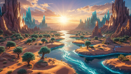 Surreal desert landscape with crystalline mountains and winding river at sunrise