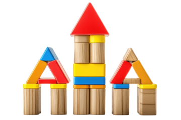 Colorful wooden building blocks create a castle-like structure