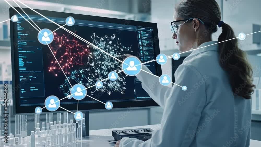 Poster scientist analyzing network data: a female scientist in a lab coat uses a large monitor to analyze c