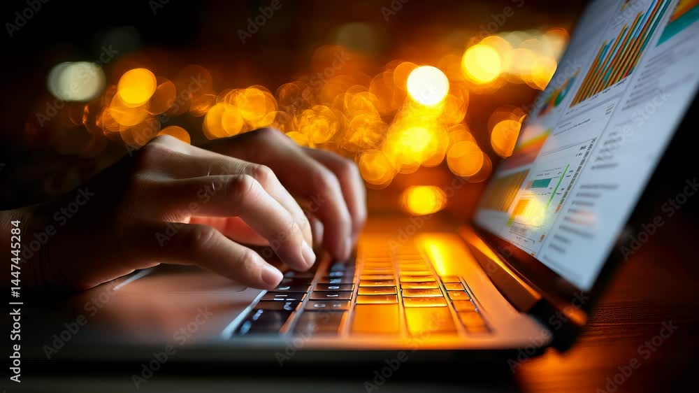 Aufkleber hands typing on laptop with colorful data visualization