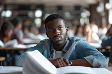 A serene African American man maintains a state of tranquility as he simultaneously engages in deep concentration on his academic tasks   