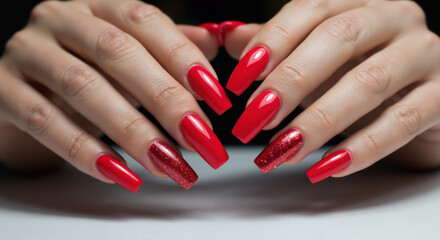 Manicured hands with red glossy coffin nails and glitter accents against dark background. Professional nail design for beauty salon advertising and nail art inspiration