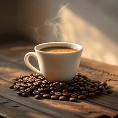 Aromatic Coffee in White Cup with Beans