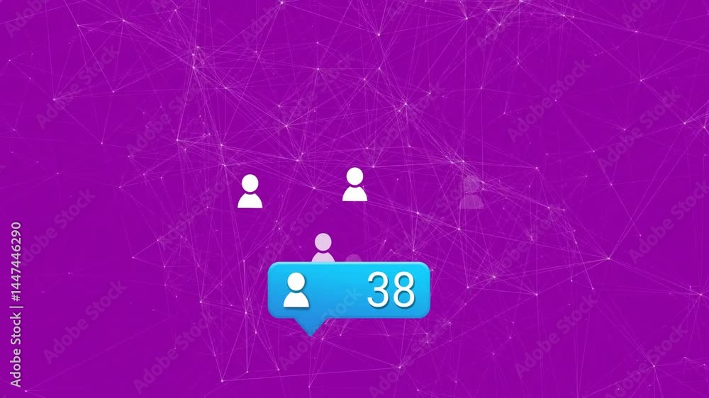 Poster displaying blue alert badge showing 43 user icons floating over purple network of glowing nodes