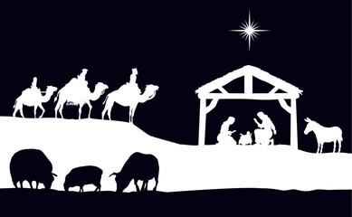 A Christmas nativity scene with baby Jesus in the manger and wise men