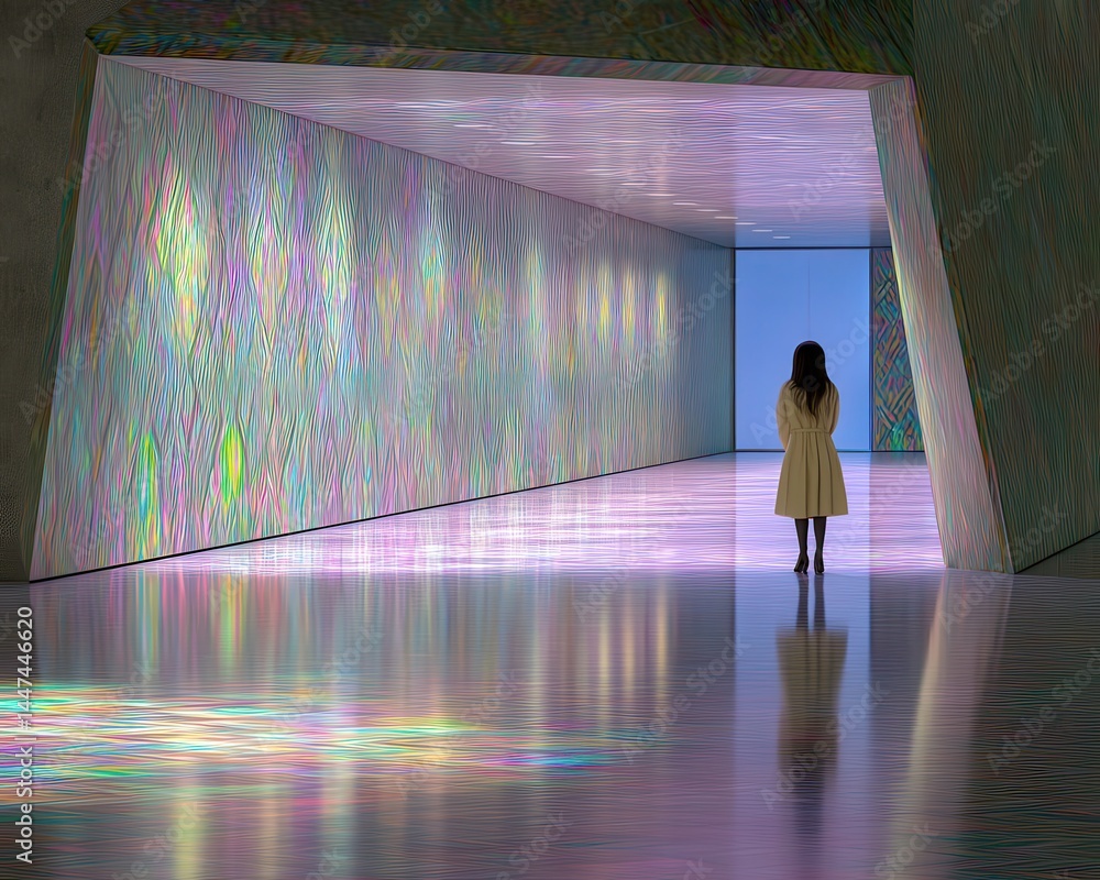 Poster enigmatic artistic space with ethereal light reflections and abstract patterns captivating a solitar